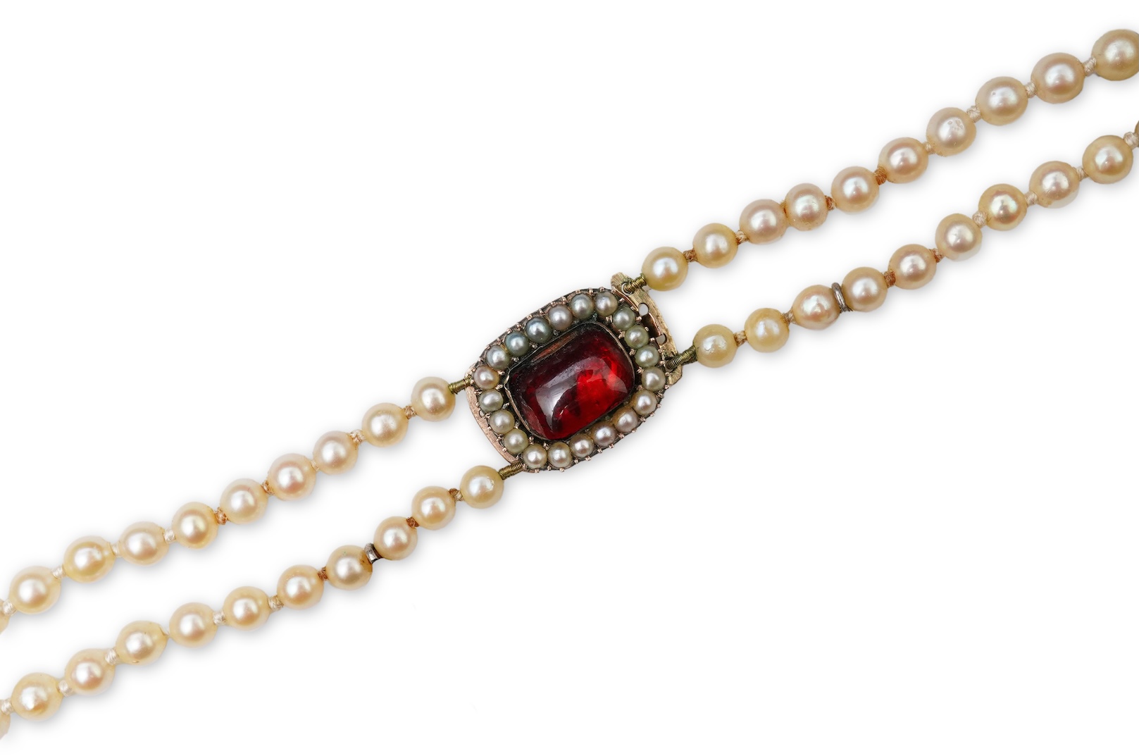 A cultured pearl and garnet necklace, 19th century and later